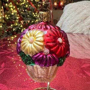 Inge-Glas Ornament Christmas Bouquet O Flowers Hand Blown 3" Glass Basket German